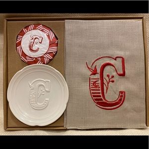 NEW Mud Pie 3pc SET towel soap dish C Monogram fraser fir bath hand gift